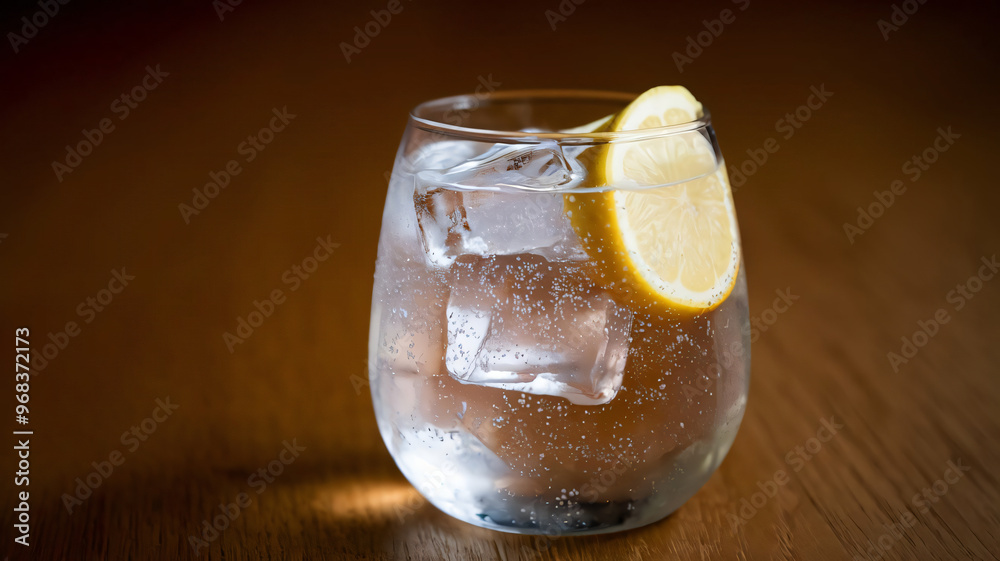 A cold glass of sparkling water with lemon and ice cubes, realistic A cold glass of sparkling water with lemon and ice cubes, realistic