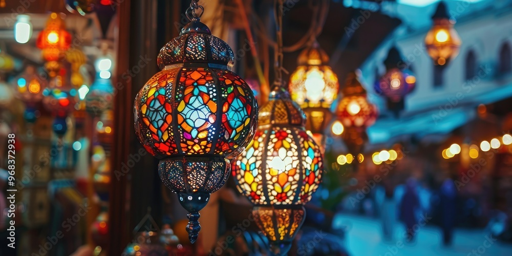 Fototapeta premium Multicolored Arabic lanterns in a vibrant tourist gift shop