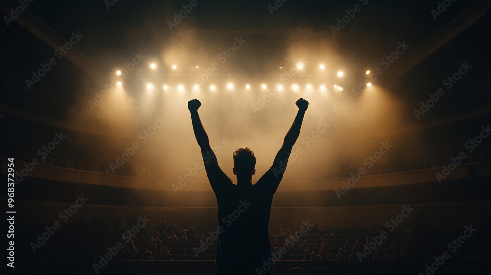 Silhouette of a victorious young man celebrating on stage with raised fists against bright stage lights. Silhouette of a victorious young man celebrating on stage with raised fists against bright stage lights.