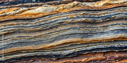 Rocky layers of mica schist unfold, exposing microscopic mineral crystals and foliated patterns, a testament to the