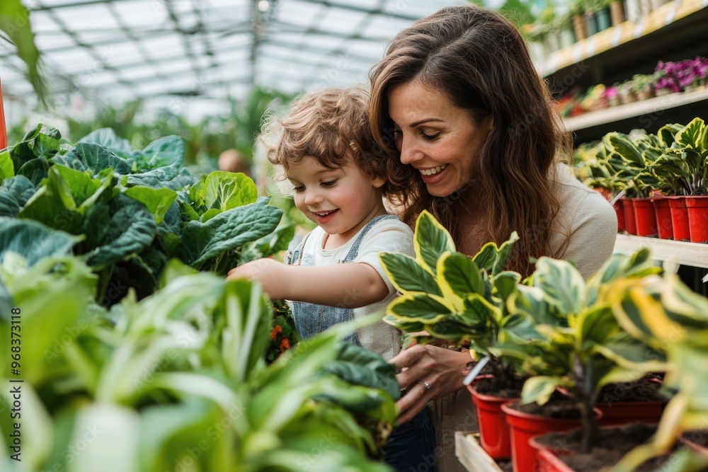 High-resolution brightly lit photorealistic candid photograph of a mother and child exploring a colorful garden center, choosing plants and sharing smiles. The photograph is styled like a high-end High-resolution brightly lit photorealistic candid photograph of a mother and child exploring a colorful garden center, choosing plants and sharing smiles. The photograph is styled like a high-end
