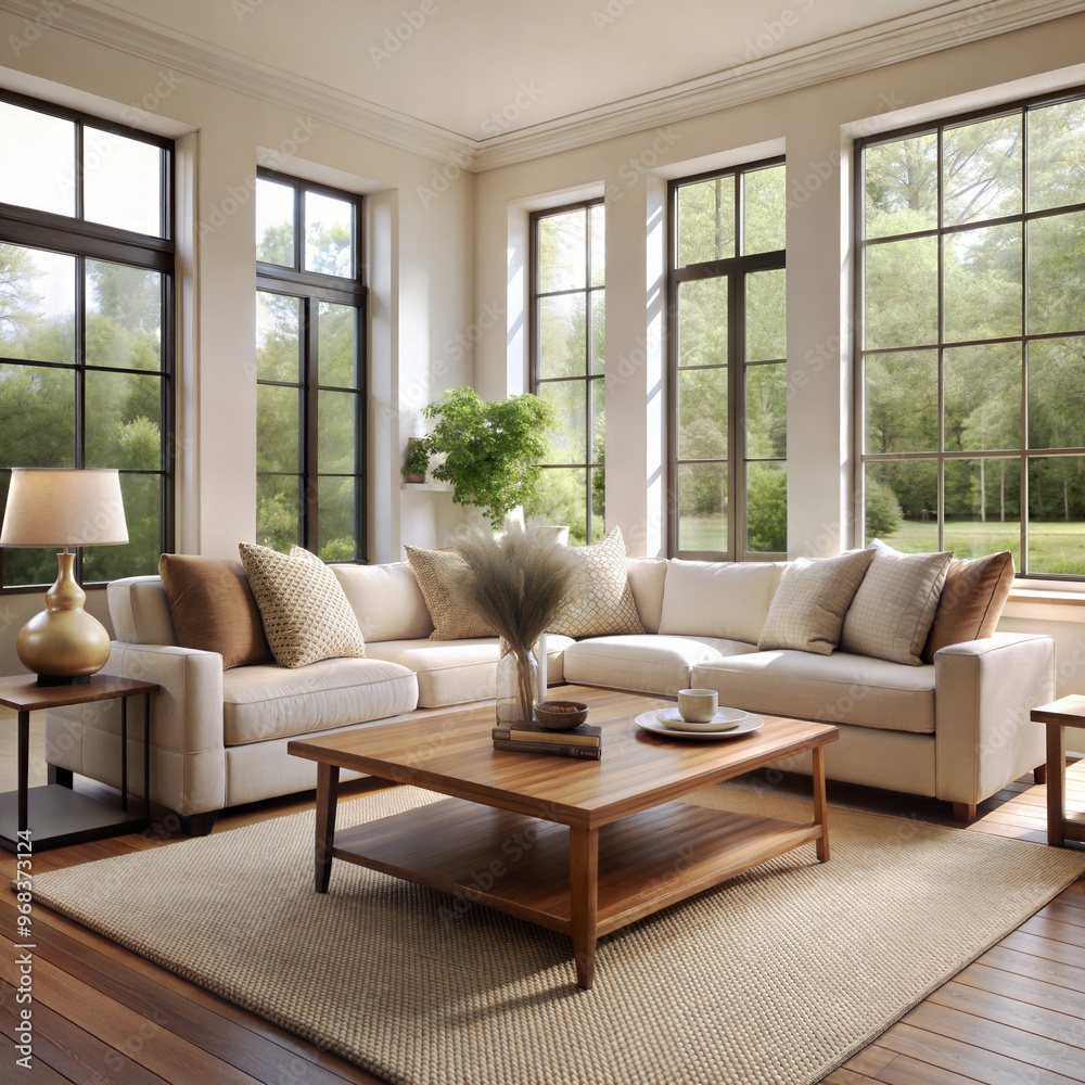 A cozy minimalist living room with a neutral color