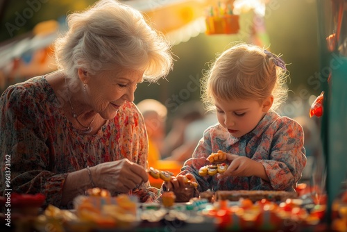 Wallpaper Mural High-resolution brightly lit photorealistic candid photograph of a grandmother and grandchild enjoying a sunny afternoon at a community fair, playing games and tasting treats. The photograph is Torontodigital.ca