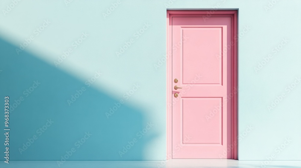 A pastel pink door against a light blue wall in a charming, minimalist style. A pastel pink door against a light blue wall in a charming, minimalist style.