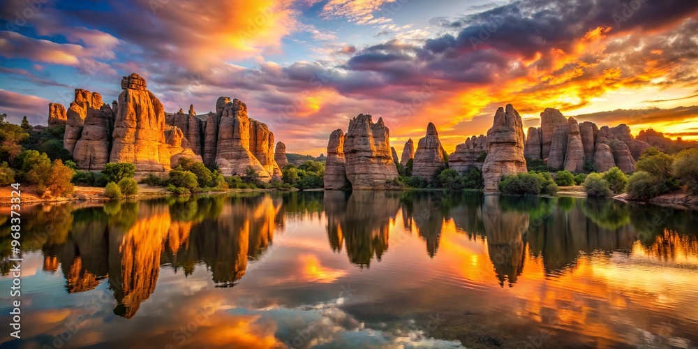 Obraz premium Sandstone formations rise majestically above a serene lake, hues of orange and pink dancing across the sky as