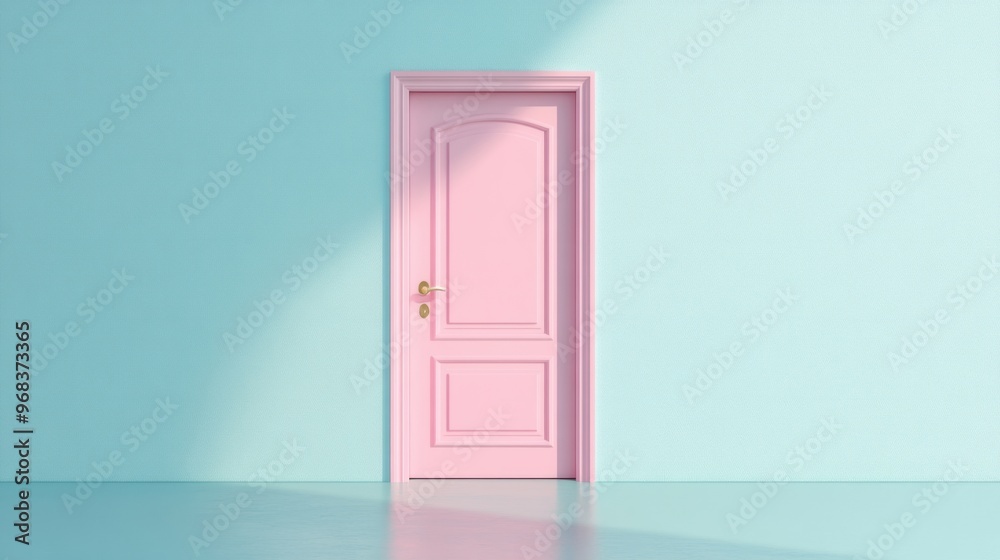 A pastel pink door against a light blue wall in a charming, minimalist style. A pastel pink door against a light blue wall in a charming, minimalist style.