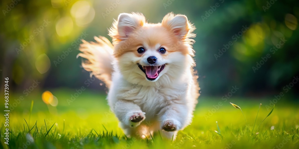Small canine with joyful demeanor plays with infectious enthusiasm, its fluffy fur ruffling with each jump and twist Small canine with joyful demeanor plays with infectious enthusiasm, its fluffy fur ruffling with each jump and twist