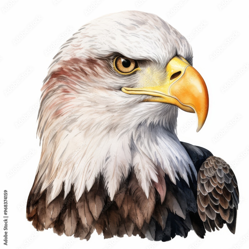 Detailed Watercolor Illustration of Bald Eagle with Intense Stare - Ideal for Wildlife and Nature Art Projects Detailed Watercolor Illustration of Bald Eagle with Intense Stare - Ideal for Wildlife and Nature Art Projects