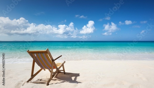 an empty beach chair sits on pristine sand facing a turquoise ocean with fluffy clouds in a bright blue sky