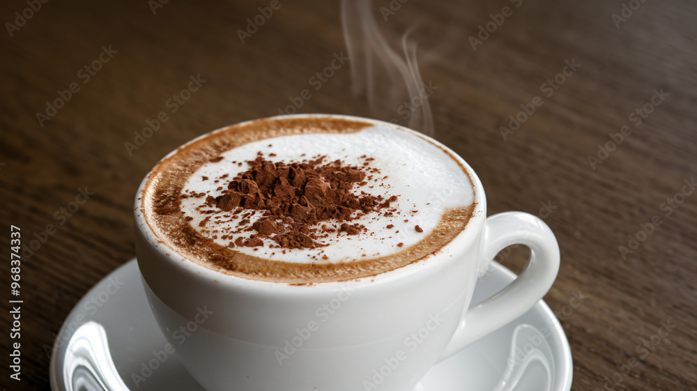 A steaming cup of cappuccino with frothy milk and a sprinkle of cocoa powder A steaming cup of cappuccino with frothy milk and a sprinkle of cocoa powder