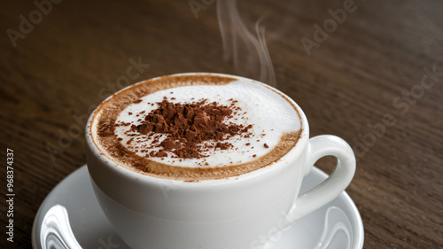 A steaming cup of cappuccino with frothy milk and a sprinkle of cocoa powder
