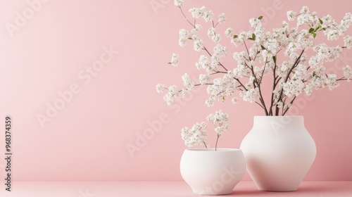 White Flowers in Vases on a Pink Background - Minimalist Interior Design and Home Decor Inspiration