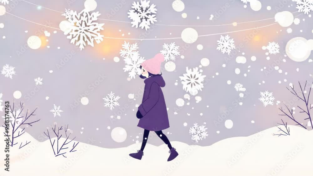 Enchanting winter scene with a girl in purple coat walking through snowy landscape. Soft pastel colors and delicate snowflakes create dreamy atmosphere.	