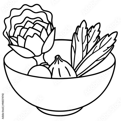 mustard greens bok choy artichokes vegetables outline coloring book page line art illustration digital drawing