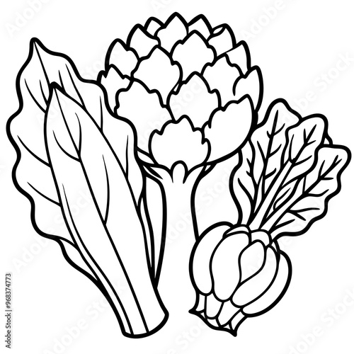 mustard greens bok choy artichokes vegetables outline coloring book page line art illustration digital drawing