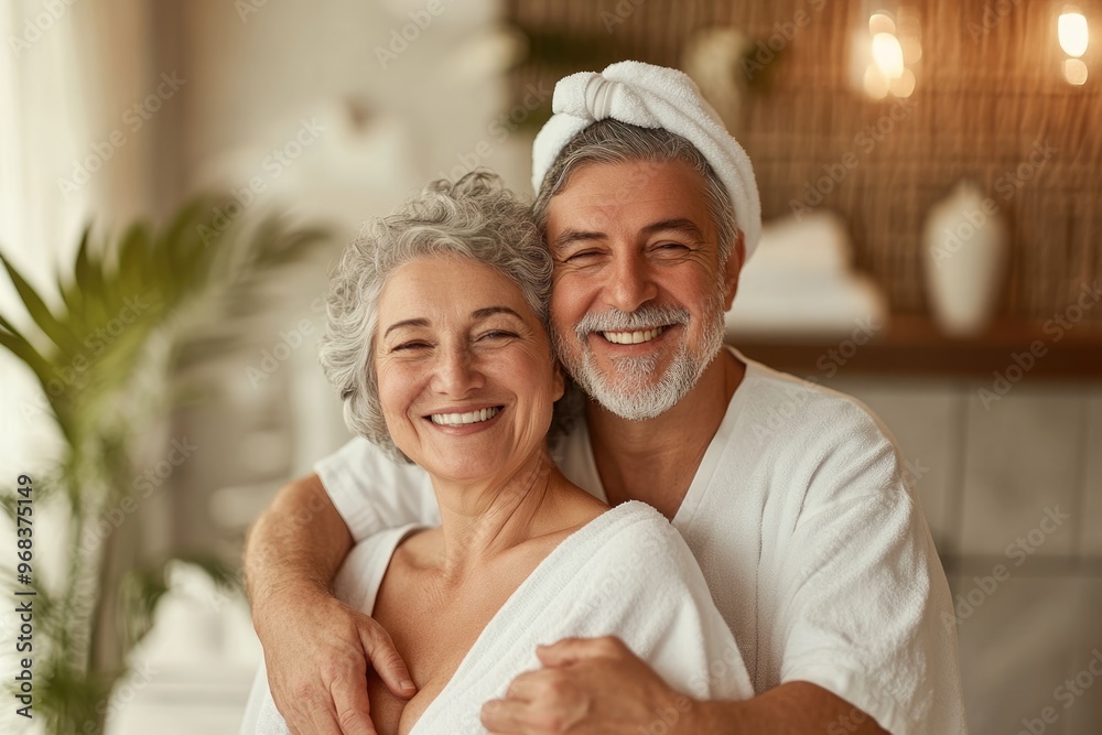 High-resolution brightly lit photorealistic photograph of a senior couple smiling warmly as they receive a soothing massage in a serene spa setting. Styled like a premium lifestyle magazine, the