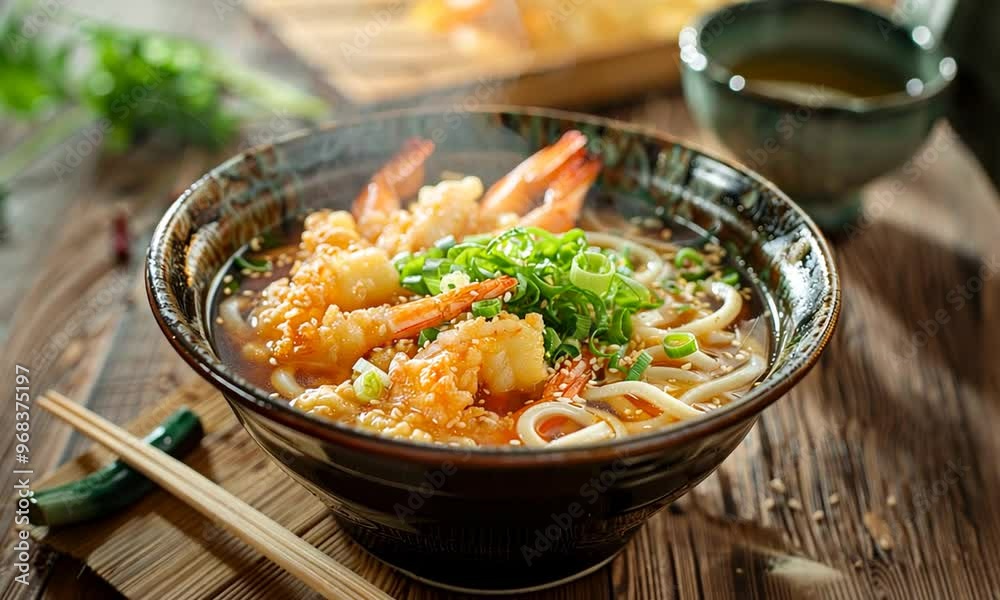 A steaming bowl of udon noodles with shrimp, green onions, and sesame seeds.