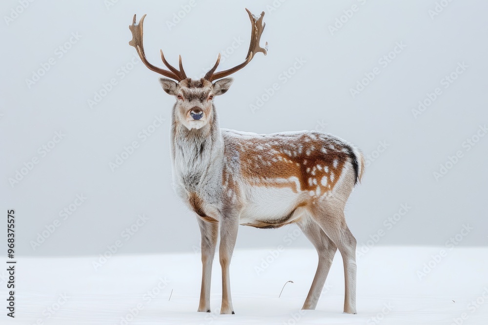 A deer stands in the snow with its antlers raised