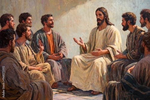 A painting of Jesus Christ speaking to his Apostles during the Sermon on the Mount, illustrated with intricate brush strokes in oil on canvas.