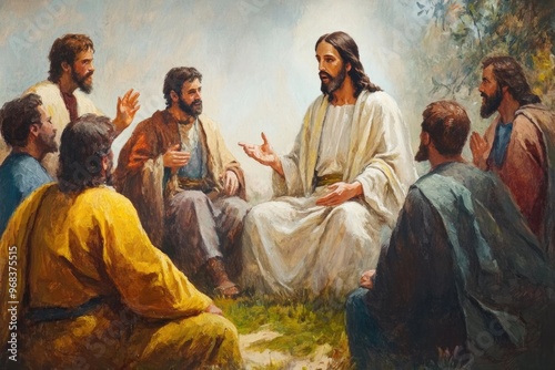 A painting of Jesus Christ speaking to his Apostles during the Sermon on the Mount, captured with fine brush strokes and vibrant colors on oil canvas.