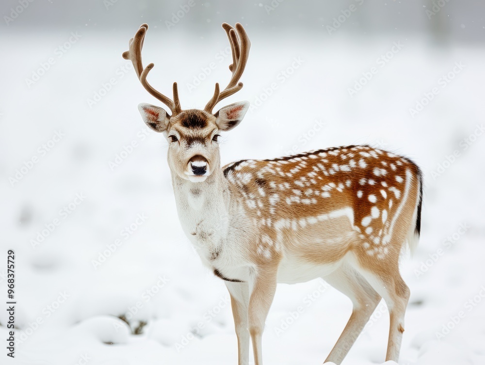 A deer with antlers stands in the snow A deer with antlers stands in the snow