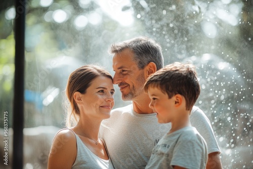 High-resolution brightly lit photorealistic candid photograph of a father, mother, and son standing together at the zoo, with a soft, creamy bokeh background. The scene is styled like a high-end