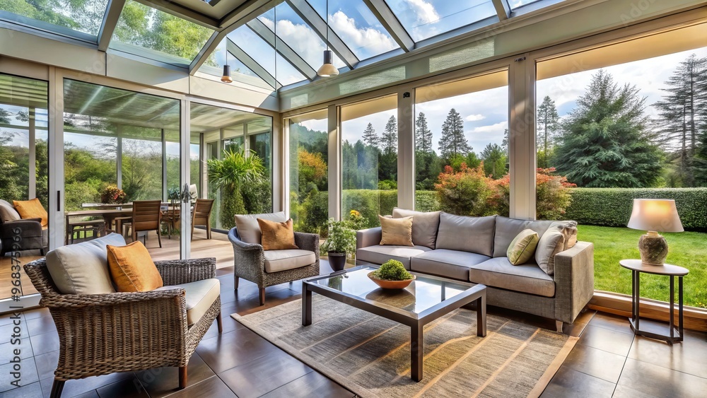 Surrounded by glass walls, this intimate patio offers plush seating and a calming vista, perfect for relaxation and Surrounded by glass walls, this intimate patio offers plush seating and a calming vista, perfect for relaxation and