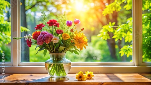 Tall, vibrant flowers in a clear vase rise from a verdant carpet of foliage, their radiant colors captivating