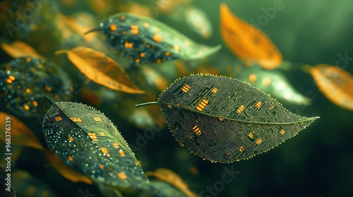 Circuit Board Leaf on Green Background