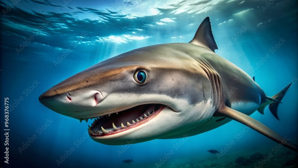 Fototapeta premium The bronze whaler shark's piercing gaze cuts through the dark waters, its rows of sharp teeth and powerful