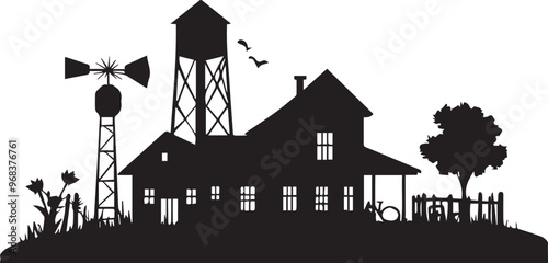 Silhouette of village life building vector, farm house silhouette icon