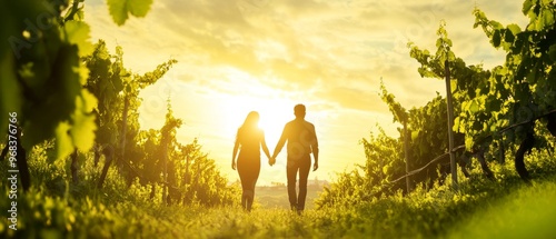 A couple walks hand in hand through a vineyard at sunset, enjoying a romantic moment amidst stunning natural beauty.