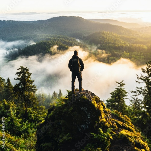 A hiker stands on a rocky peak, overlooking a breathtaking misty forest landscape at sunrise.