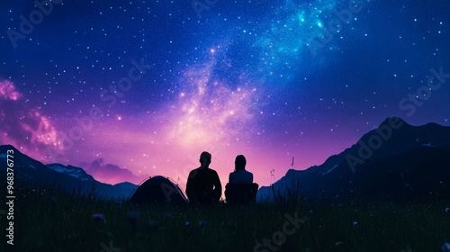 A couple gazing at a starry night sky, surrounded by mountains and nature, capturing a moment of tranquility and connection. photo