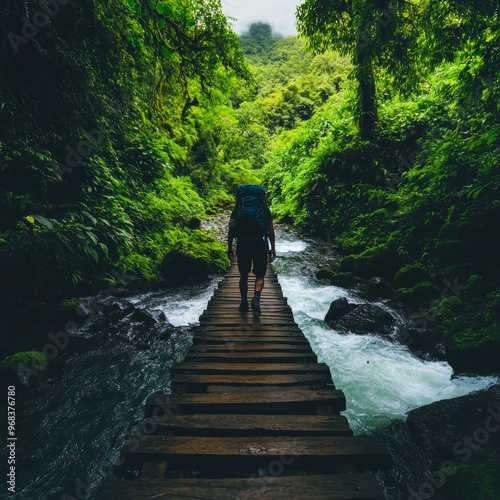A hiker traverses a wooden bridge amidst lush greenery and flowing water, embodying adventure in nature's serene landscape.