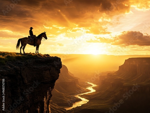 A lone rider on horseback watches the sunset over a vast canyon, capturing the essence of freedom in a breathtaking landscape.