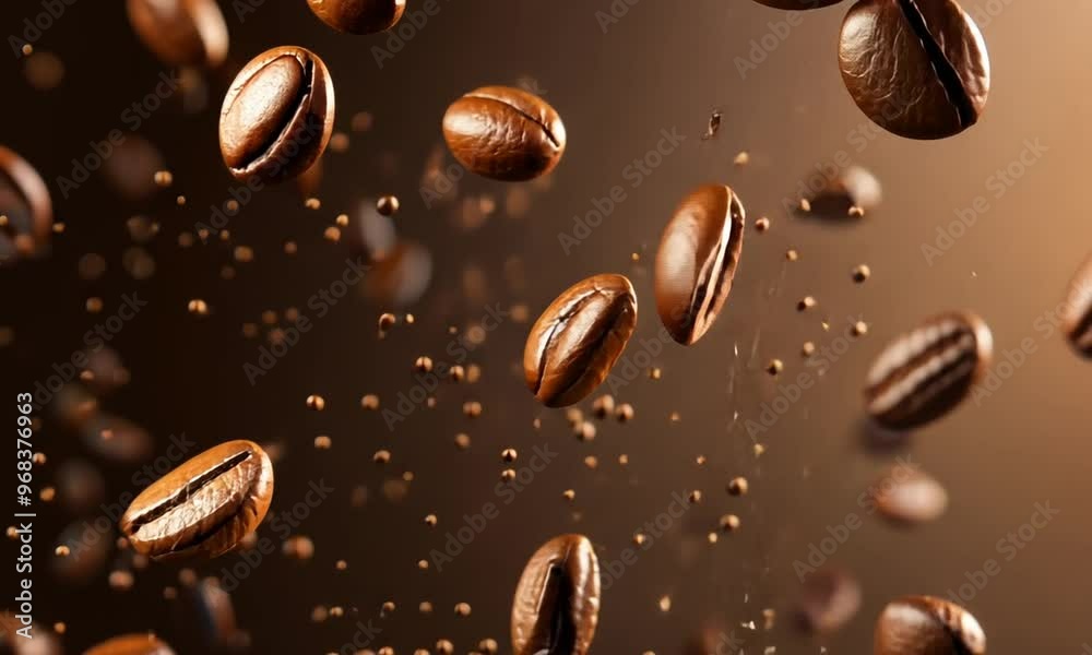 Closeup of Roasted Coffee Beans Falling on Brown Background. Closeup of Roasted Coffee Beans Falling on Brown Background.