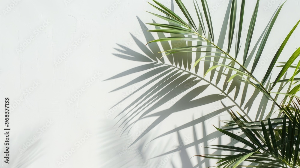 Overhead image of palm leaf shadow play on a white backdrop, minimalist design Overhead image of palm leaf shadow play on a white backdrop, minimalist design