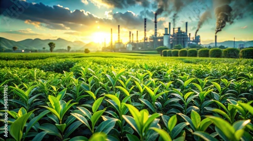 Green tea leaves field with factory in background. Howcasing the process of capturing carbon dioxide emissions from industrial sources, converting them for utilization. photo