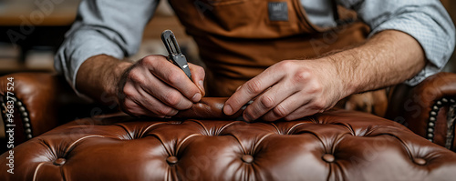 Close-up of skilled craftsman meticulously stitching leather with precision, highlighting artisan craftsmanship and quality materials. photo