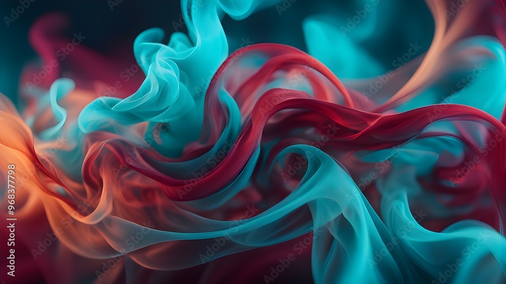 Abstract swirling shapes of blue, orange, and red smoke against a dark background. Abstract swirling shapes of blue, orange, and red smoke against a dark background.