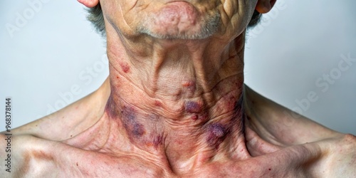 The neck's skin, once smooth, now bears the imprint of violent force, with mottled bruising and pronounced veins. photo