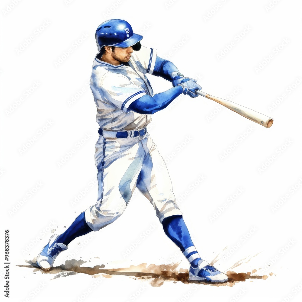 Obraz premium Watercolor Illustration of a Baseball Player Swinging Bat in Uniform