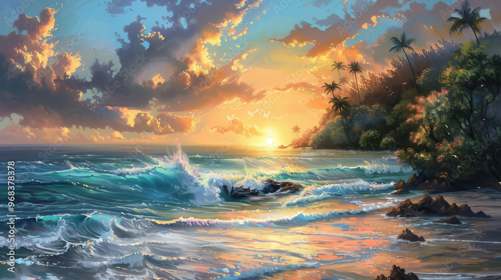ocean sunset with waves and mountain in the background ocean sunset with waves and mountain in the background