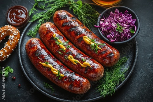 Authentic Oktoberfest Snack Platter with Pretzels and Sausages, Delicious Oktoberfest Feast Traditional Bavarian Snacks and Beer, Rustic Oktoberfest Table with Classic German Snacks and Drinks photo