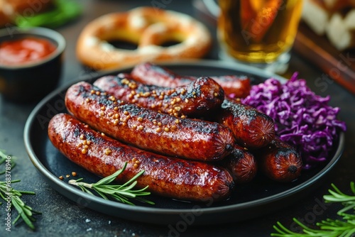 Authentic Oktoberfest Snack Platter with Pretzels and Sausages, Delicious Oktoberfest Feast Traditional Bavarian Snacks and Beer, Rustic Oktoberfest Table with Classic German Snacks and Drinks photo