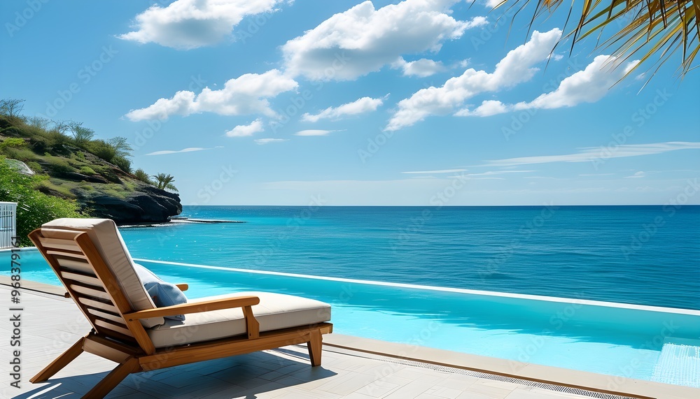 Fototapeta premium Tranquil lounge chairs overlooking a vibrant blue sea on a sunny day, perfect for relaxation and vacation on the beach terrace