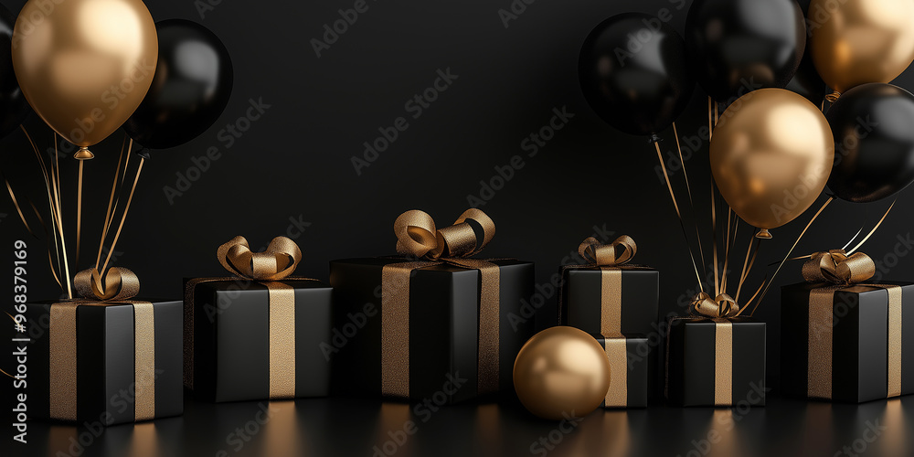 Black and gold gift boxes with balloons floating on a dark background Black and gold gift boxes with balloons floating on a dark background