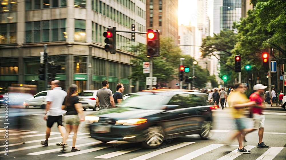 Fototapeta premium Traffic lights on a corner of a bustling city street, with pedestrians crossing and cars stopped at a red light, capturing a dynamic urban scene