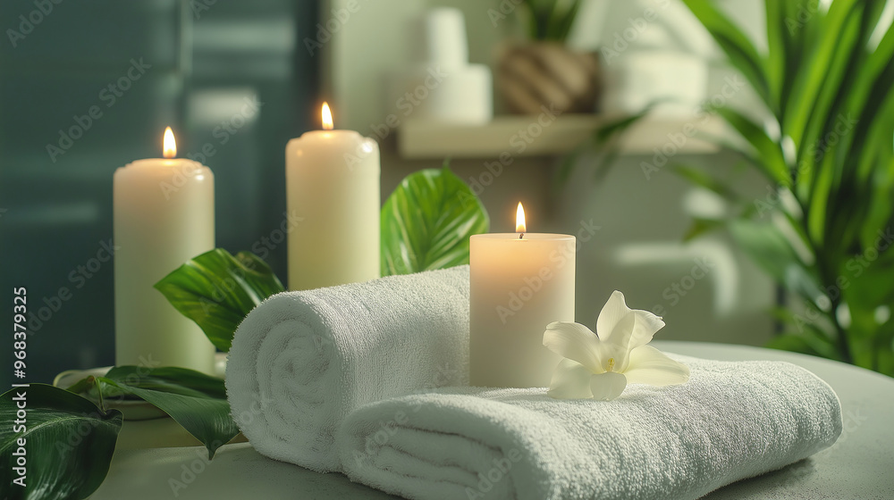 Burning candles illuminating white towels and tropical leaves in a spa Burning candles illuminating white towels and tropical leaves in a spa